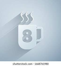 Paper cut Coffee cup with 8 March icon isolated on grey background. Tea cup. Hot drink coffee. International Happy Women Day. Paper art style. Vector Illustration
