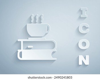 Paper cut Coffee cup and book icon isolated on grey background. Tea cup. Hot drink coffee. Paper art style. Vector Illustration
