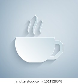 Paper cut Coffee cup flat icon isolated on grey background. Tea cup. Hot drink coffee. Paper art style. Vector Illustration