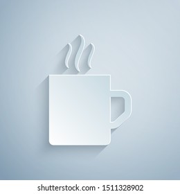 Paper cut Coffee cup flat icon isolated on grey background. Tea cup. Hot drink coffee. Paper art style. Vector Illustration