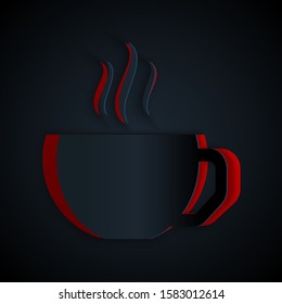 Paper cut Coffee cup flat icon isolated on black background. Tea cup. Hot drink coffee. Paper art style. Vector Illustration