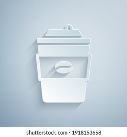 Paper cut Coffee cup to go icon isolated on grey background. Paper art style. Vector.