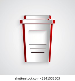 Paper cut Coffee cup to go icon isolated on grey background. Paper art style. Vector