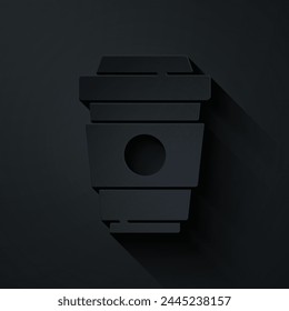 Paper cut Coffee cup to go icon isolated on black background. Paper art style. Vector