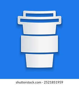 Paper cut Coffee cup to go icon isolated on blue background. Paper art style. Vector Illustration