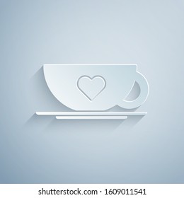 Paper cut Coffee cup and heart icon isolated on grey background. Couple coffee for lovers on Valentines Day. Paper art style. Vector Illustration