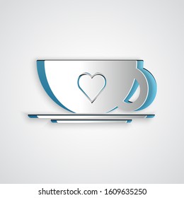 Paper cut Coffee cup and heart icon isolated on grey background. Couple coffee for lovers on Valentines Day. Paper art style. Vector Illustration