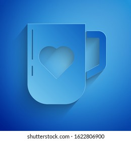 Paper cut Coffee cup and heart icon isolated on blue background. Couple coffee for lovers on Valentines Day. Paper art style. Vector Illustration
