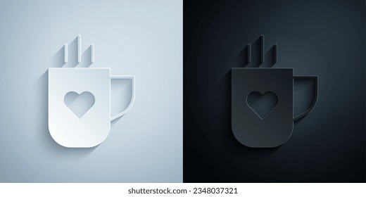 Paper cut Coffee cup and heart icon isolated on grey and black background. Couple coffee for lovers on Valentines Day. Paper art style. Vector