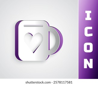 Paper cut Coffee cup and heart icon isolated on grey background. Couple coffee for lovers on Valentines Day. Paper art style. Vector