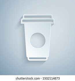 Paper cut Coffee cup icon isolated on grey background. Disposable coffee cup with hot coffee. Paper art style. Vector Illustration