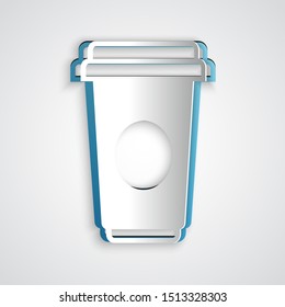 Paper cut Coffee cup icon isolated on grey background. Disposable coffee cup with hot coffee. Paper art style. Vector Illustration