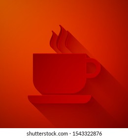 Paper cut Coffee cup icon isolated on red background. Tea cup. Hot drink coffee. Paper art style. Vector Illustration