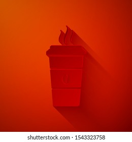 Paper cut Coffee cup icon isolated on red background. Disposable coffee cup with hot coffee. Paper art style. Vector Illustration