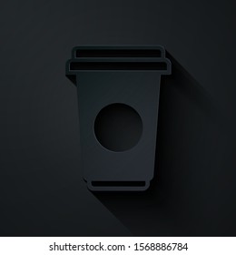 Paper cut Coffee cup icon isolated on black background. Disposable coffee cup with hot coffee. Paper art style. Vector Illustration