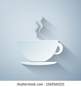 Paper cut Coffee cup icon isolated on grey background. Tea cup. Hot drink coffee. Paper art style. Vector Illustration