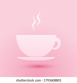 Paper cut Coffee cup icon isolated on pink background. Tea cup. Hot drink coffee. Paper art style. Vector.