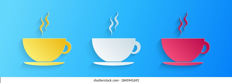 Paper cut Coffee cup icon isolated on blue background. Tea cup. Hot drink coffee. Paper art style. Vector.