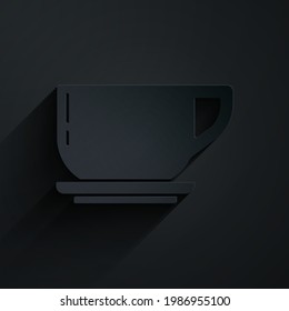Paper cut Coffee cup icon isolated on black background. Tea cup. Hot drink coffee. Paper art style. Vector Illustration