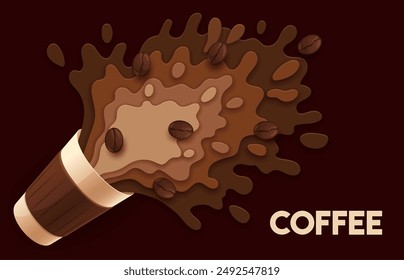 Paper cut coffee cup with splash and coffee beans for drink beverage ad poster, vector background. Coffee and milk splash in paper cut layers for espresso, cappuccino or frappe takeaway drink promo