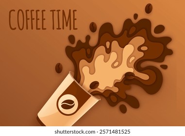 Paper cut coffee drink splash and beans. Papercut banner with realistic 3d vector disposable carton mug with a dynamic liquid beige and brown splatters, energetic refreshing hot drink spill, explosion