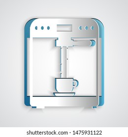 Paper cut Coffee machine and coffee cup icon isolated on grey background. Paper art style. Vector Illustration