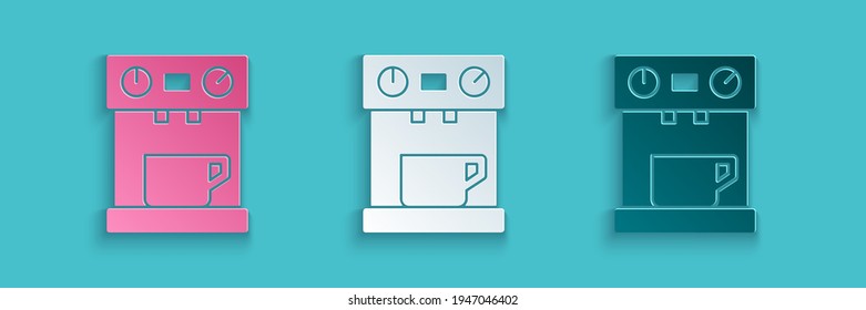 Recorte de papel Icono de máquina de café aislado en fondo azul. Estilo de arte de papel. Vector