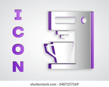 Icono de la máquina de café aislado sobre fondo gris. Estilo de arte de papel. Ilustración vectorial