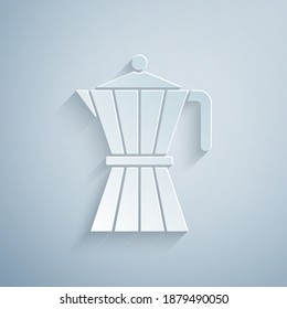 Paper cut Coffee maker moca pot icon isolated on grey background. Paper art style. Vector.