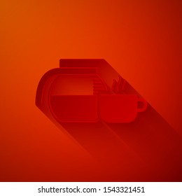 Paper cut Coffee pot with cup icon isolated on red background. Paper art style. Vector Illustration