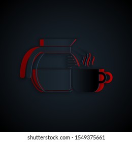 Paper cut Coffee pot with cup icon isolated on black background. Paper art style. Vector Illustration