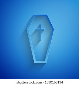 Paper cut Coffin with christian cross icon isolated on blue background. Happy Halloween party. Paper art style. Vector Illustration