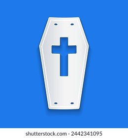 Paper cut Coffin with christian cross icon isolated on blue background. Happy Halloween party. Paper art style. Vector