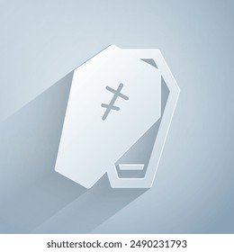 Paper cut Coffin with christian cross icon isolated on grey background. Happy Halloween party. Paper art style. Vector