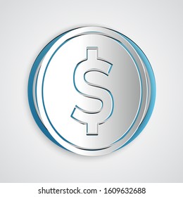 Paper cut Coin money with dollar symbol icon isolated on grey background. Banking currency sign. Cash symbol. Paper art style. Vector Illustration