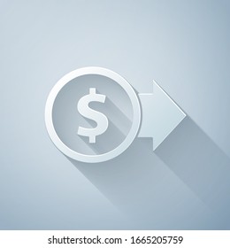 Paper cut Coin money with dollar symbol icon isolated on grey background. Banking currency sign. Cash symbol. Paper art style. Vector Illustration