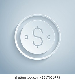 Paper cut Coin money with dollar symbol icon isolated on grey background. Banking currency sign. Cash symbol. Paper art style. Vector
