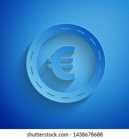 Paper cut Coin money with euro symbol icon isolated on blue background. Banking currency sign. Cash symbol. Paper art style. Vector Illustration