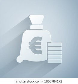 Paper cut Coin money with euro symbol icon isolated on grey background. Banking currency sign. Cash symbol. Paper art style. Vector