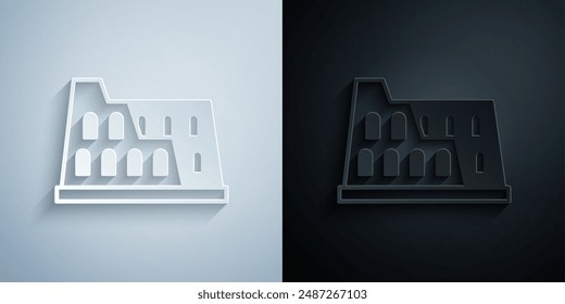 Paper cut Coliseum in Rome, Italy icon isolated on grey and black background. Colosseum sign. Symbol of Ancient Rome, gladiator fights. Paper art style. Vector