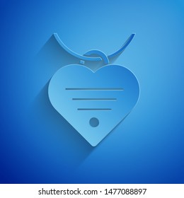 Paper cut Collar with name tag and heart icon isolated on blue background. Simple supplies for domestic animal. Cat and dog care. Pet chains. Paper art style. Vector Illustration