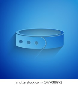 Paper cut Collar with name tag icon isolated on blue background. Simple supplies for domestic animal. Cat and dog care. Pet chains. Paper art style. Vector Illustration