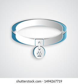 Paper cut Collar with name tag icon isolated on grey background. Supplies for domestic animal. Dog or cat paw print. Cat and dog care. Pet chains. Paper art style. Vector Illustration