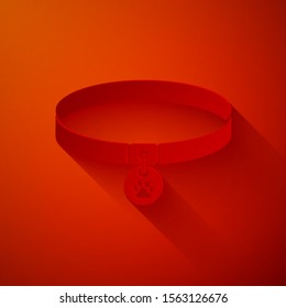 Paper cut Collar with name tag icon isolated on red background. Supplies for domestic animal. Dog or cat paw print. Cat and dog care. Pet chains. Paper art style. Vector Illustration