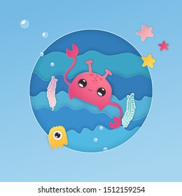 Paper cut collection with blue paper craft crab sea. Vector kawaii illustration. Cute vector illustration. Vector collection. Holiday frame. Creative vector element. Kawaii animal. Marine set.