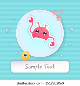 Paper cut collection with blue paper craft crab sea. Vector kawaii illustration. Cute vector illustration. Vector collection. Holiday frame. Creative vector element. Kawaii animal. Marine set.