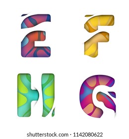 Paper cut color letter E F G H isolated on white background. Colorful 3d design for advertising, branding greeting card, cover, poster, banner. Vivid character of alphabet font. Vector illustration.