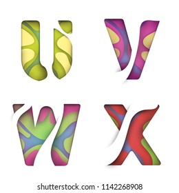 Paper cut color letter U V W X isolated on white background. Colorful 3d design for advertising, branding greeting card, cover, poster, banner. Vivid character of alphabet font. Vector illustration.