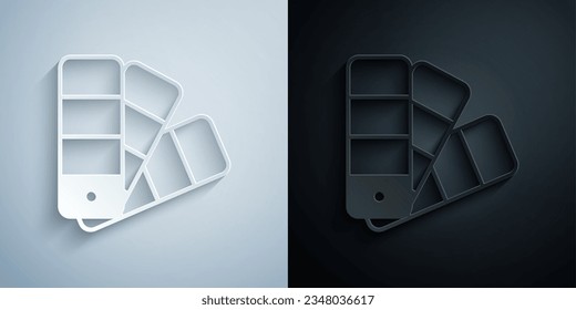 Icono de la guía de la paleta de color de corte de papel aislado en fondo gris y negro. Estilo de arte de papel. Vector