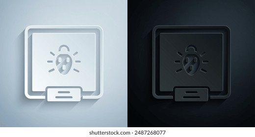 Paper cut Colorado beetle icon isolated on grey and black background. Paper art style. Vector